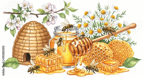 Watercolor illustration of bees honeycomb honey jar and flowers