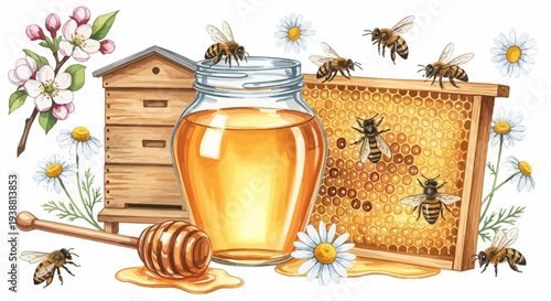 Watercolor illustration of bees honeycomb honey jar and flowers