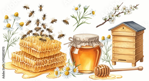 Watercolor illustration of bees honeycomb honey jar and flowers