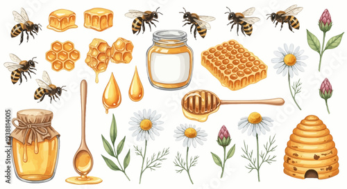 Watercolor illustration of bees honeycomb honey jar wooden spoon and flowers
