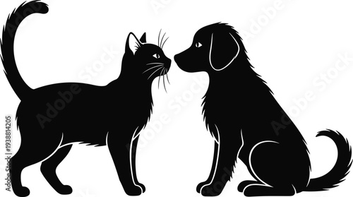 Black and white silhouette illustration of domestic cat standing with raised tail facing seated dog, stylized pet artwork symbolizing curiosity, companionship, and decorative animal design