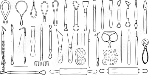 Pottery and Ceramics Tools Hand-Drawn Line Art Set. Clay Sculpting Equipment Collection for Craft Workshop. Black and White Outline Vector.