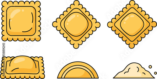Detailed Set of Square and Diamond Shaped Ravioli Pasta Illustrations Featuring Scalloped Edges and a Small Heap of Flour for Italian Food Design.