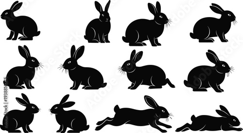 Black rabbit silhouettes collection with bunny set in different poses including running jumping sitting and lying isolated on white background for easter design