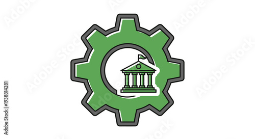 Green gear icon with bank building.