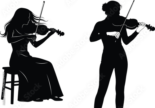 Black silhouettes of female violinists playing string instrument in sitting and standing poses isolated on white background for classical music concert and recital concept (24 words)