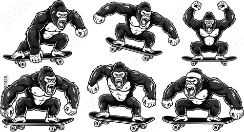 Black, and, white, vector, illustration, set, of, powerful, gorillas, skateboarding, in, various, action, poses, with, aggressive, expressions, isolated, on, white, background
