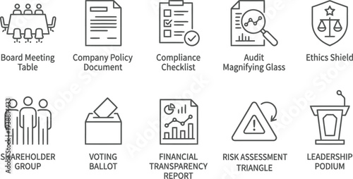 Set of corporate governance and compliance line icons for business management and ethics