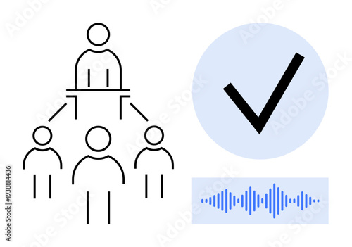 Leadership concept. Leadership through a network diagram with figures, voice recognition waveform, and approval checkmark. Leadership connects teamwork, authority, communication, and approval