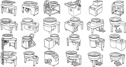 Pottery Wheels Black and White Line Art Collection. Detailed Vector Illustrations of Ceramic Equipment for Pottery Craft and Art.