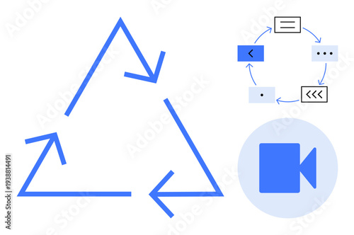 Recycling, eco-friendly processes, video editing, media production, workflow, sustainability. Blue triangular arrows, flowchart symbols and a video camera icon. Recycling and media production