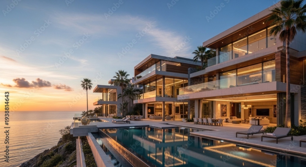 Obraz premium A luxurious, modern mansion with a stunning ocean view, featuring large glass windows, palm trees, and a infinity pool.