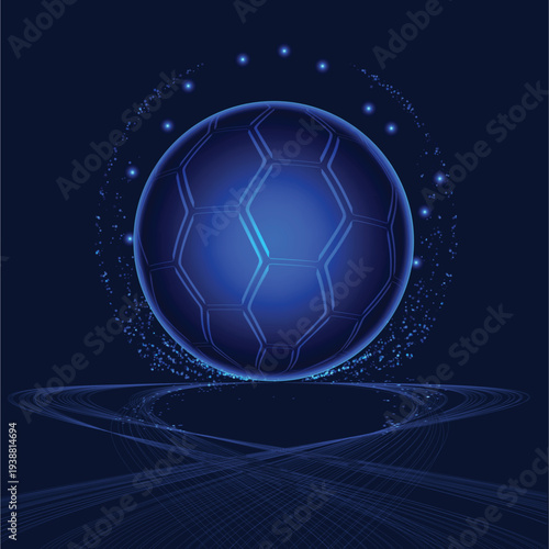 A futuristic, levitating soccer ball to celebrate the global event. A trailing wake of fiber strands and neon pulses accentuates the ball. Brilliant neon lines create a luminous display. Gamers