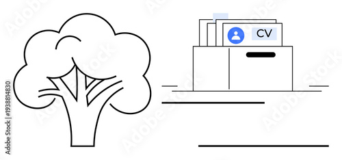 Recruitment process. Recruitment with a CV folder and minimalist tree design. Recruitment importance for HR, job application platforms, and career growth resources. For hiring, staffing strategies
