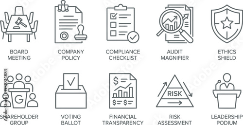 Business icons set, corporate finance and governance symbols, company policy, risk assessment, leadership podium