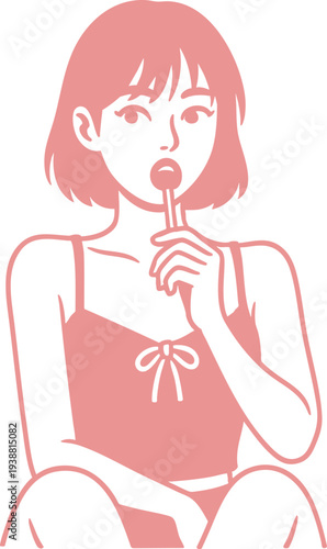 Young woman in a camisole with a short bob haircut playfully licking a lollipop in a soft pink illustration style, capturing a moment of simple enjoyment and youthful charm