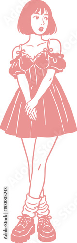 Fashionable young woman in a stylish dress, striking a pose with her hands clasped, conveying youthful charm and modern style in this illustration