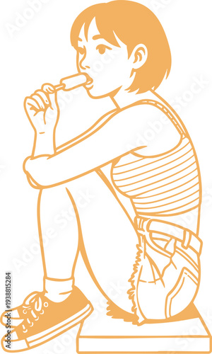 Young woman enjoying a tasty snack while sitting cross-legged outdoors, captured in a charming line art illustration