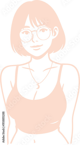 Charming illustration of a young woman with a bob haircut and stylish glasses, smiling in a tank top with a crescent moon necklace, ideal for avatars and digital profiles