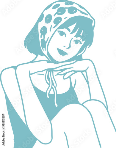 Illustrated portrait of a young woman wearing a patterned headscarf, with her arms resting on her knees and a subtle smile on her face
