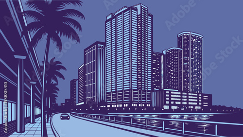 Urban Coastal Highway Scene at Night with Tall Buildings and Palm Trees Stylized Nighttime Cityscape miami skyline vector