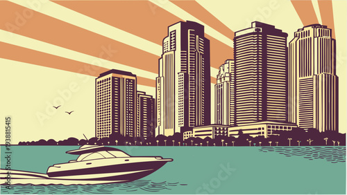 Urban Waterfront Scene with Modern Speedboat Cruising Past Tall Business District Skyline at Sunset miami skyline vector