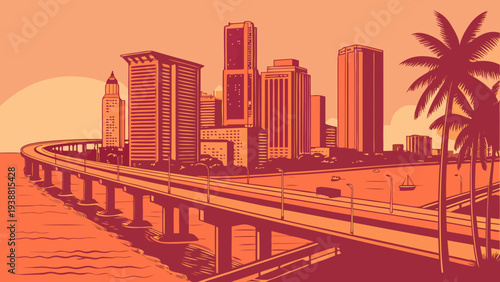 Urban Coastal Cityscape with Elevated Highway and Palm Trees at Sunset Stylized Retro Artwork miami skyline vector