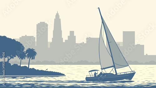 Silhouette Sailboat Navigation Waterway Near Distant Coastal City Skyline Tropical Island Shoreline View miami skyline vector