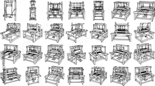 Black and White Line Art Illustrations of Various Historical Looms