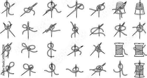 Sewing and Textile Craft Black  White Line Art Icons: Needles, Thread Knots, Thimbles, and Spools for Fashion and DIY Projects