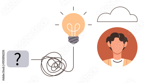 Creativity, innovation, brainstorming, solutions, decision-making, mental frameworks. Lightbulb with tangled lines leading to a person. Creativity and innovation concept