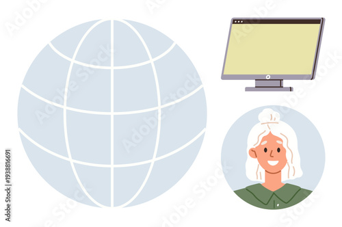 Global communication, online learning, remote work, connectivity, virtual meetings, networking. A globe, computer screen and female avatar . Global communication and online learning concept