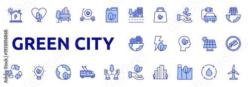 Green City icon color lineal style with eco bag, plant growth, electric car, renewable, city, green, energy, mind icons