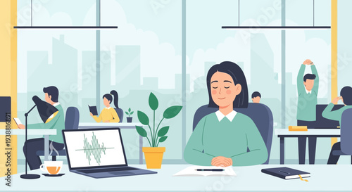 Woman Working on Laptop in Office.