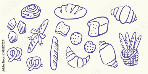 Hand Drawn Bakery Bread Pastry Doodle Food Set