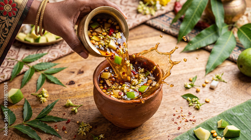 Ugadi Pachadi Traditional Mango Neem Festival Drink Pouring Into Clay Pot