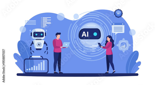 Man and woman interacting with AI robot.