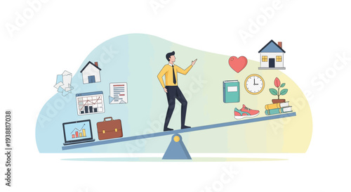 Man Balancing on See Saw with Life Symbols.