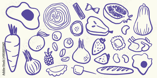 Hand Drawn Food and Vegetable Doodle Set Cooking Ingredient Illustration Collection