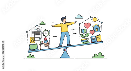 Man Balancing on See Saw with Objects.