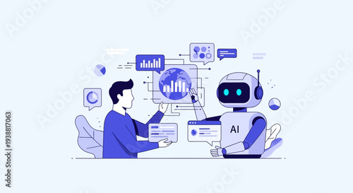 Man Interacting with Robot Assistant at Desk.