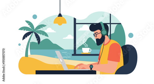 Man Working on Laptop at Desk.