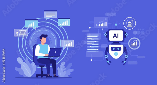 Man Working on Laptop with AI Technology.