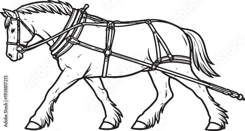 Foto Draft Horse Pulling Harness Side Pose Black and White Line Art Illustration