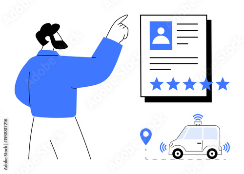 Person analyzing a user profile with star rating next to a self-driving car navigation system highlighting location and wireless connection. Ideal for ridesharing services, autonomous tech, customer