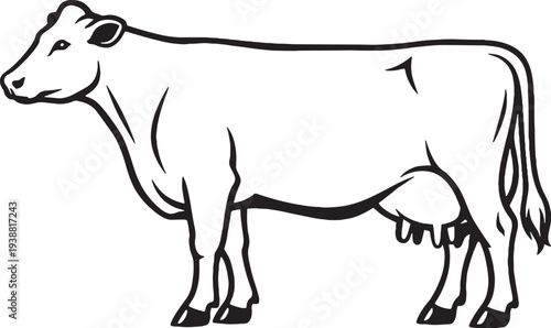 Dairy Cow Standing Side Profile Black and White Line Art Farm Animal Illustration