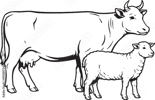 Vászonkép Cow and Sheep Standing Together Side View Black and White Line Art Farm Animal V