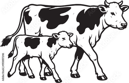 Cow And Calf Walking Side Together Black And White Line Art Illustration