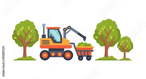 Orange tractor with tree leaves loader.