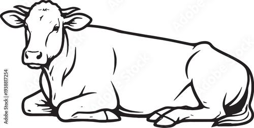 Cow Lying Down Resting Black and White Line Art Farm Animal Illustration